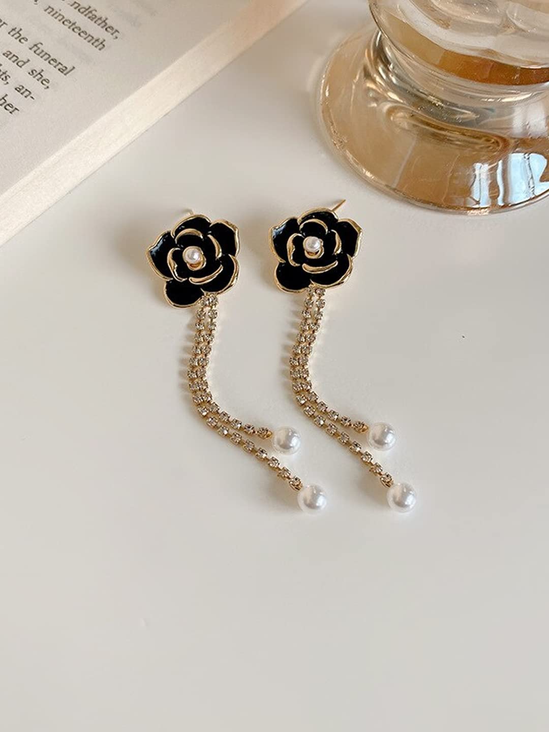 Yellow Chimes Earrings For Women Black Flower Stud With Linear Chain Hanging Pearl Drop Dangler Earrings For Women and Girls