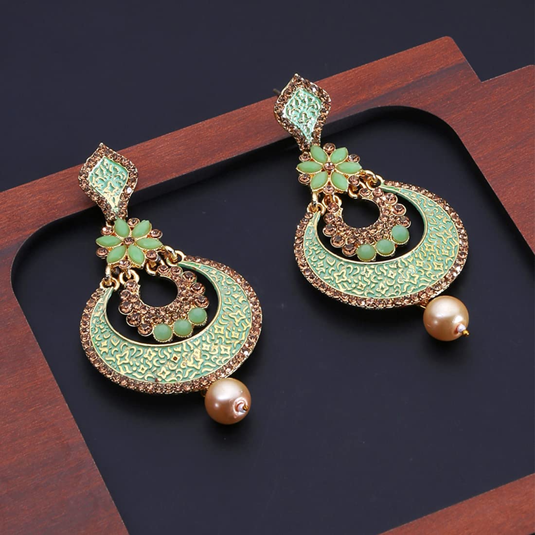 Yellow Chimes Chandbali Earrings for Women Gold Plated Flower Design Green Meenakari Pearl Chand bali Earrings for Women and Girls