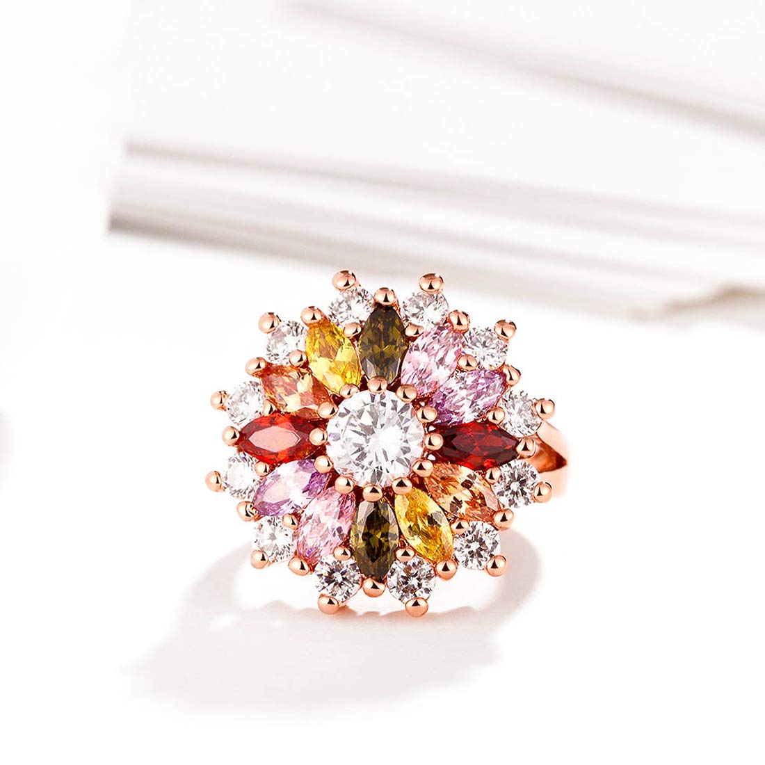 Yellow Chimes Rings for Women Multicolor Floral Ring Sparkling Glamourously Swiss Zircon Multi Color Rose Gold Plated Adjustable Ring for Women and Girls.