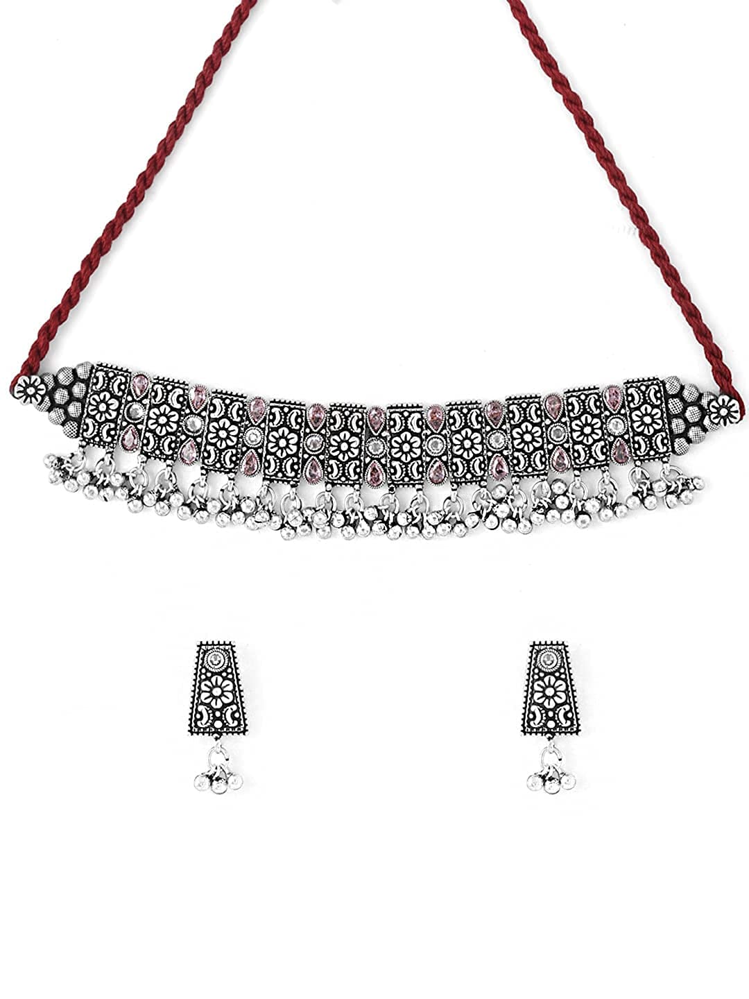 Yellow Chimes Necklace Set For Women Oxidised Silver Choker Kolhapuri Pink Stone-Studded Necklace Set For Women