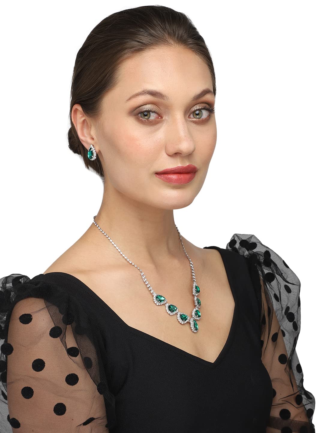 Yellow Chimes Jewellery Set For Women with Green Stone Studded Classic Design Silver Plated White crystal Necklace Set for Women and Girls