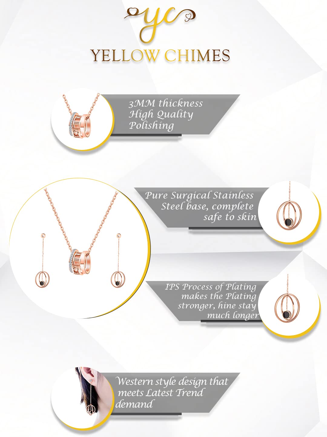 Yellow Chimes Chain Necklace With Threader Earrings Set (Style-7)