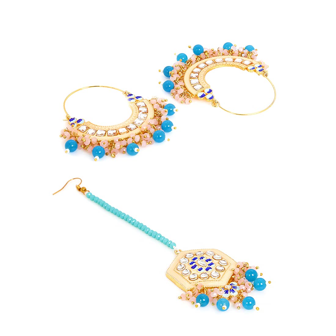 Yellow Chimes Ethnic Gold Plated Traditional Studded Stone Blue Beads Yellow Meenakari Chandbali Earrings with Maangtikka for Women and Girls, Medium, YCTJER-108CNDMGT-MYL