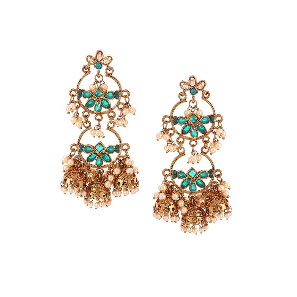 Yellow Chimes Chandbali Earrings for Women Gold Plated Traditional Earrings Green Kundan Studded Long Chand bali Earrings for Women and Girls