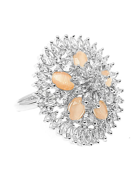 Yellow Chimes Rings for Women American Diamond Ring Rhodium-Plated Crystal AD-Studded Floral Finger Ring For Women and Girls. (RGX 4)