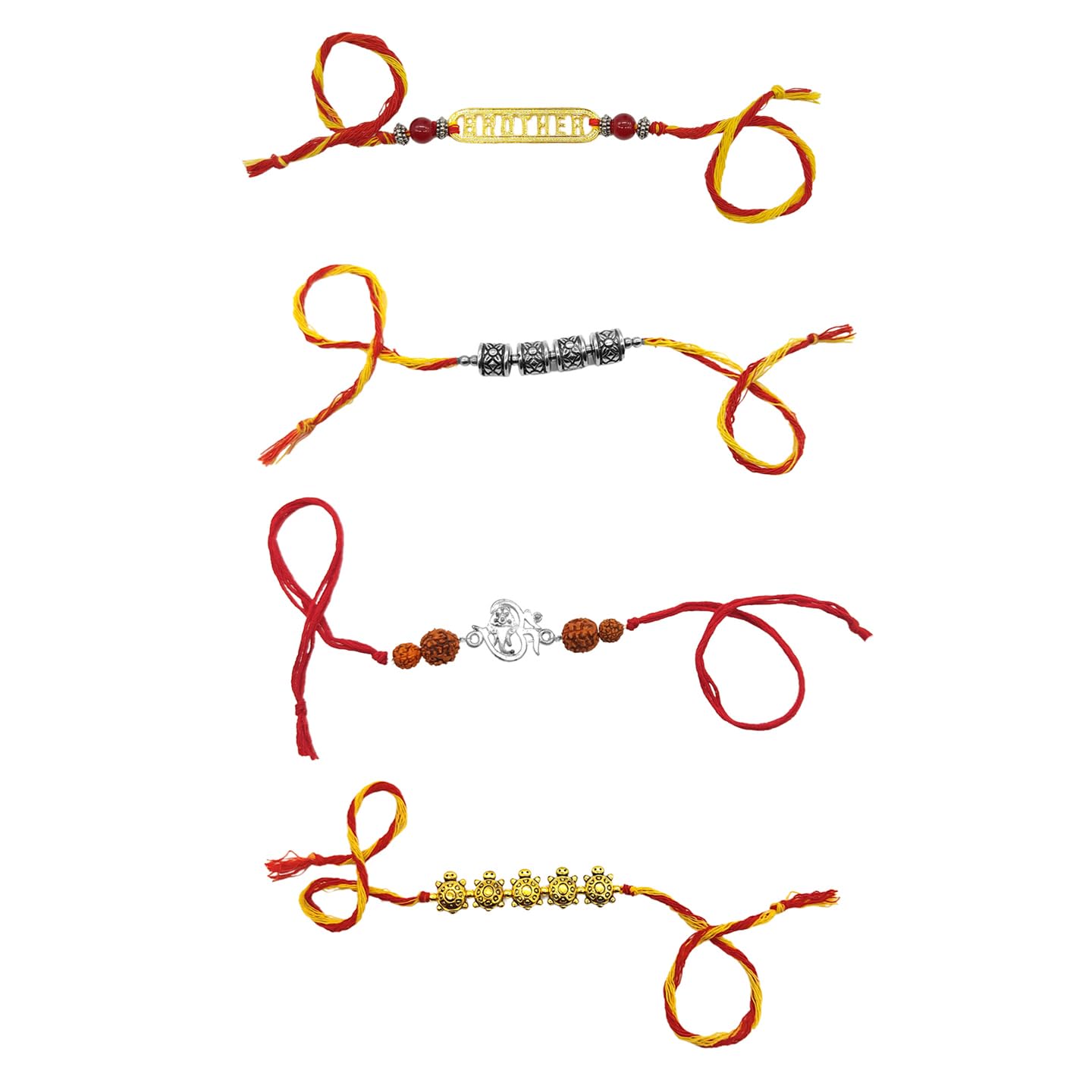 Yellow Chimes Rakhi for Brother | Combo of 4 Rakhi Set for Brother | Traditional Gold and Silver Plated Rakhi Set for Brother and Sister| Rakhi with Roli, Chawal and Greeting Card