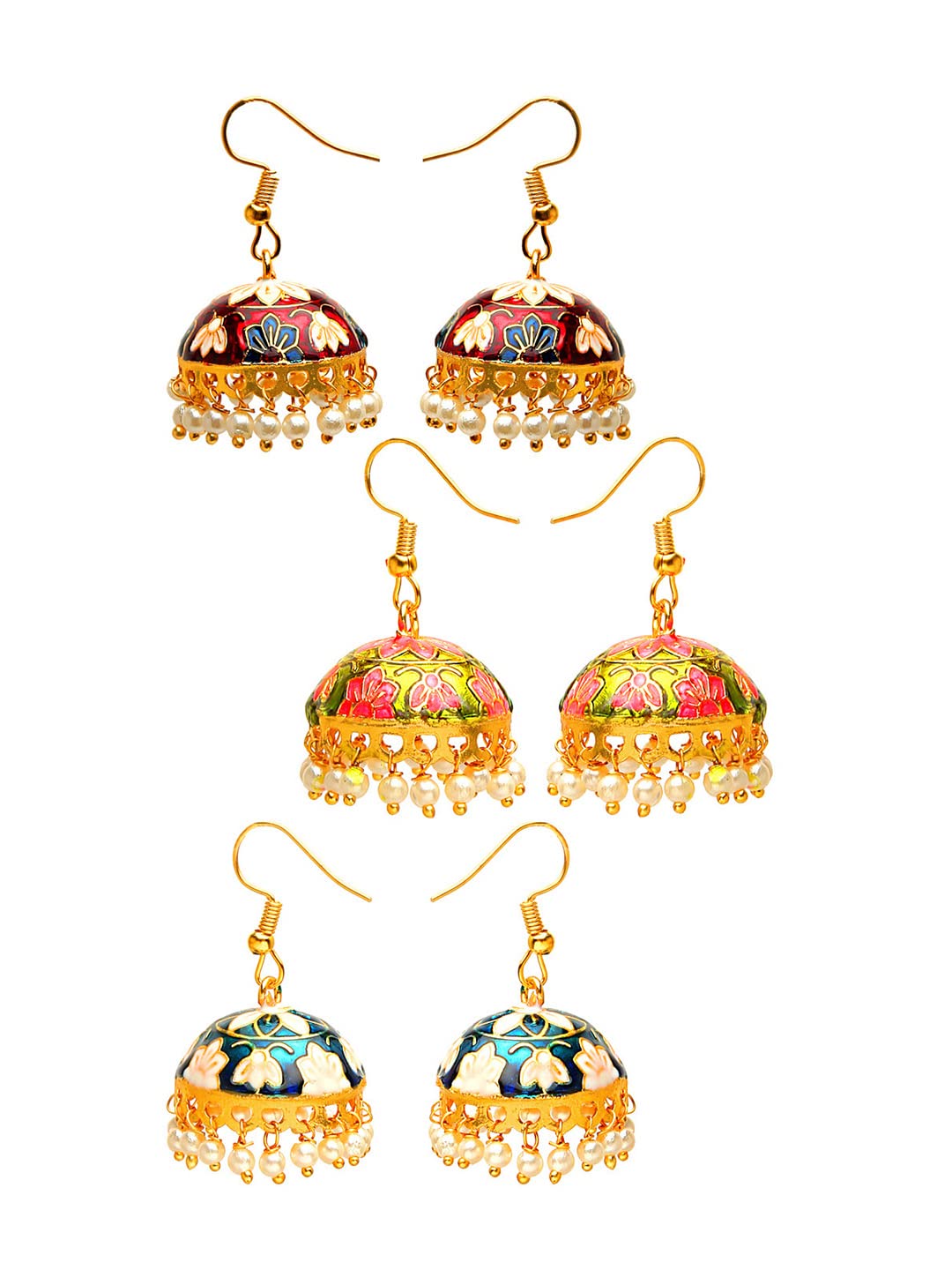 Yellow Chimes Meenakari Jumka Earrings with Ethnic Design Gold Plated Traditional Beads Combo of 3 pair for Women and Girls