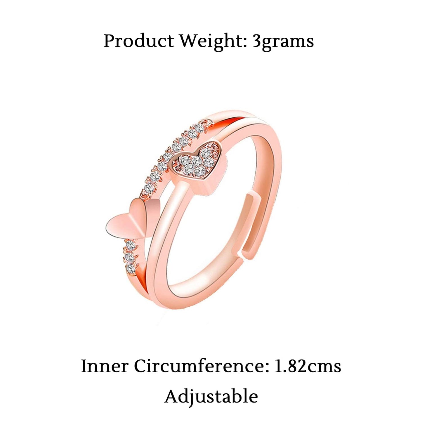 Yellow Chimes Rings for Women and Girls | Rose Gold White Crystal Studded Ring | Adjustable Stone Rings | Dual Heart Shaped Ring for Women | Birthday Gift for Girls and Women Anniversary Gift for Wife