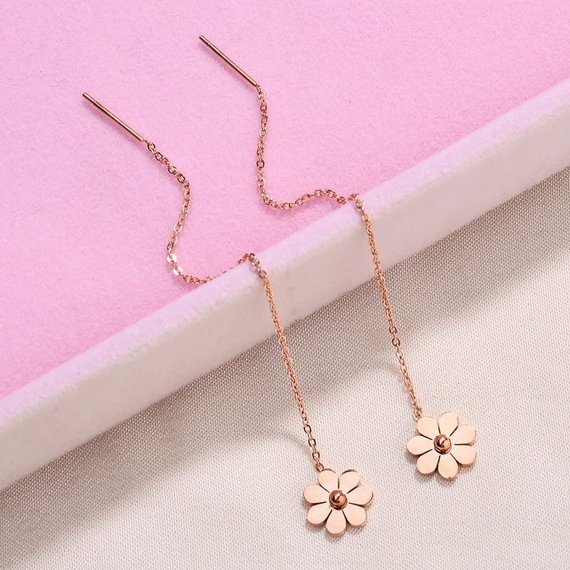 Yellow Chimes Earrings for Women and Girls Fashion Rosegold Threader Earrings | Western Style Stainless Steel Floral Long Chain Earrings | Birthday Gift for girls and women Anniversary Gift for Wife