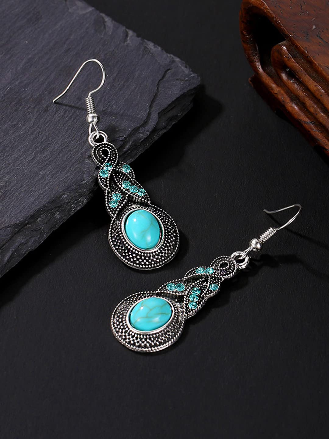 Yellow Chimes Earrings for Women and Girls | Bohemian Style Blue Stone Silver Oxidised Drop Earring | German Silver Earring | Round Drop Earrings | Accessories Jewellery for Women | Birthday Gift for Girls and Women Anniversary Gift for Wife