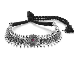 Yellow Chimes Jewellery Set for Women and Girls Traditional Silver Oxidised Jewellery Set Pink Choker Set | Studded Stone Durga Choker Necklace Set for Women | Birthday Gift For Girls and Women Anniversary Gift for Wife