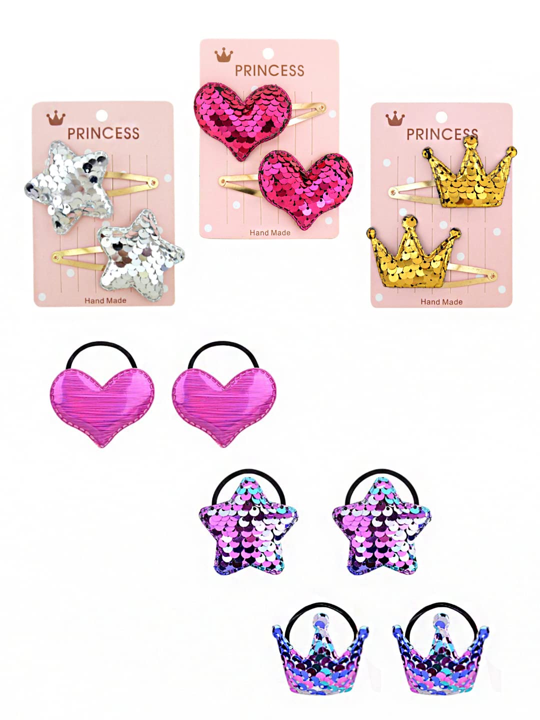 Melbees by Yellow Chimes Combo of Sequins Studded 6 PCS Ponytail Holders Rubber Bands and 3 Pairs Hair Clips Hair Accessories for Kids Girls (Pack of 12), Multi-Color, Medium
