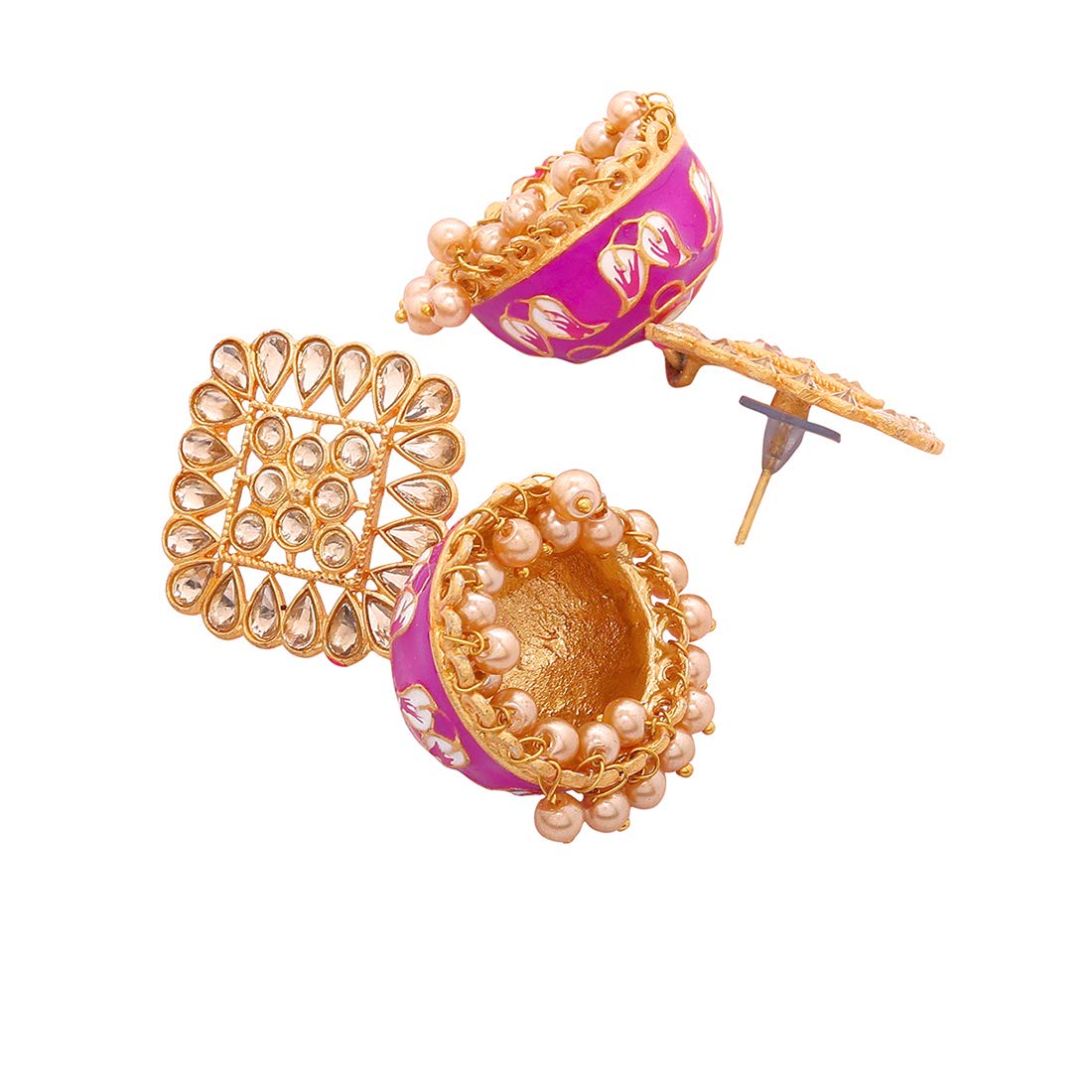 Yellow Chimes Traditional Gold Plated Pink Meenakari Kundan Studded Jhumki/Jhumka Earrings for Women and Girls, gold, pink, medium (YCTJER-393MKSQ-PK)