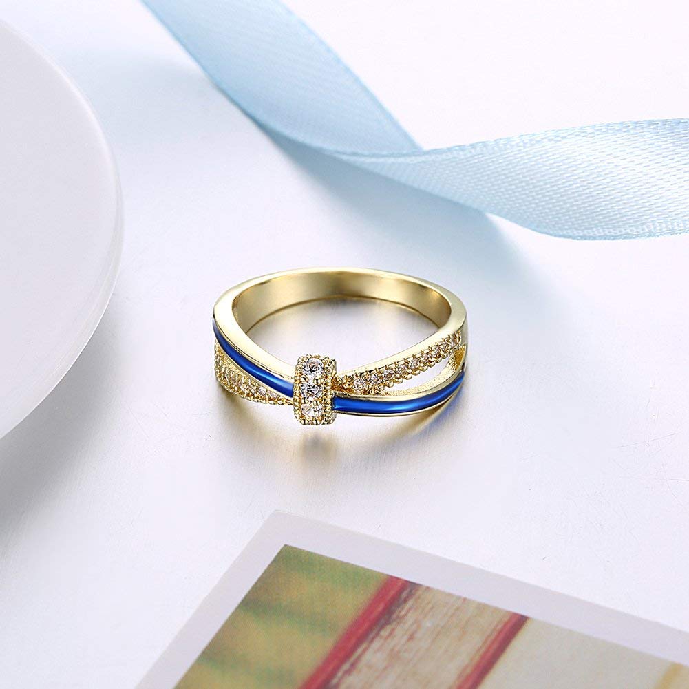 Yellow Chimes Rings for Women Romantic Love Knot Prong Setting 18K Gold Plated White Crystal and Blue Colore Ring for Women & Girls (Size US 6)