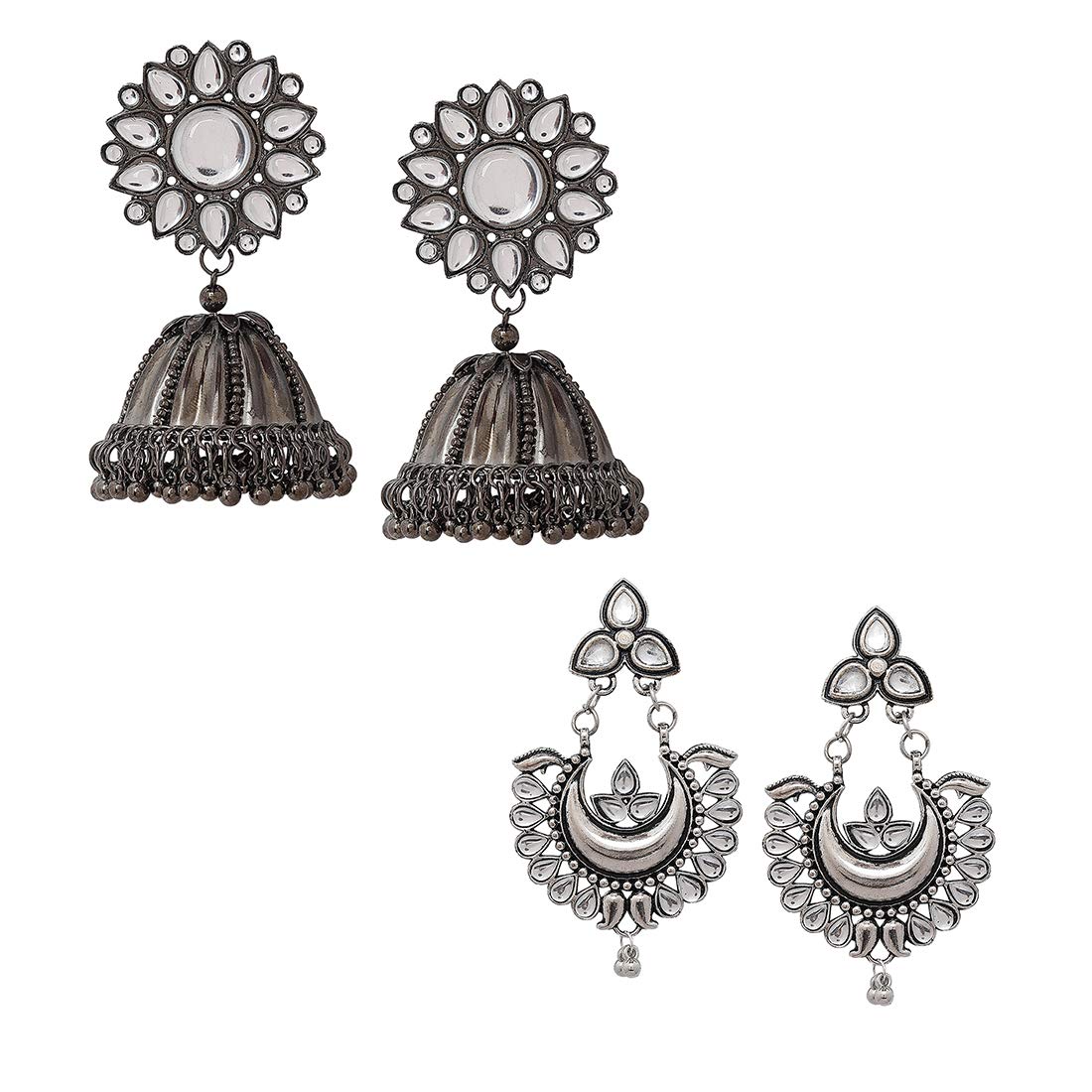 Yellow Chimes Combo of 2 Pairs Ethnic Silver Oxidised Floral Design Studded Stones Chandbali Jhumka Earrings for Women and Girls, medium (YCTJER-02CHNDJHK-C-SLBK), silver, black
