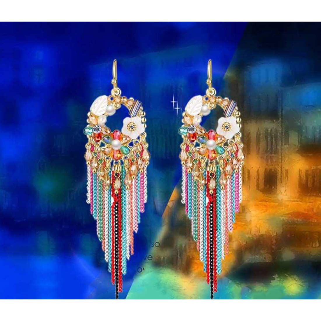 Yellow Chimes Exclusive Designer Luxurious Limited Edition Sparkling Colors Onyx Pearl Crystal Chain Dangle Tassel Earrings For Women