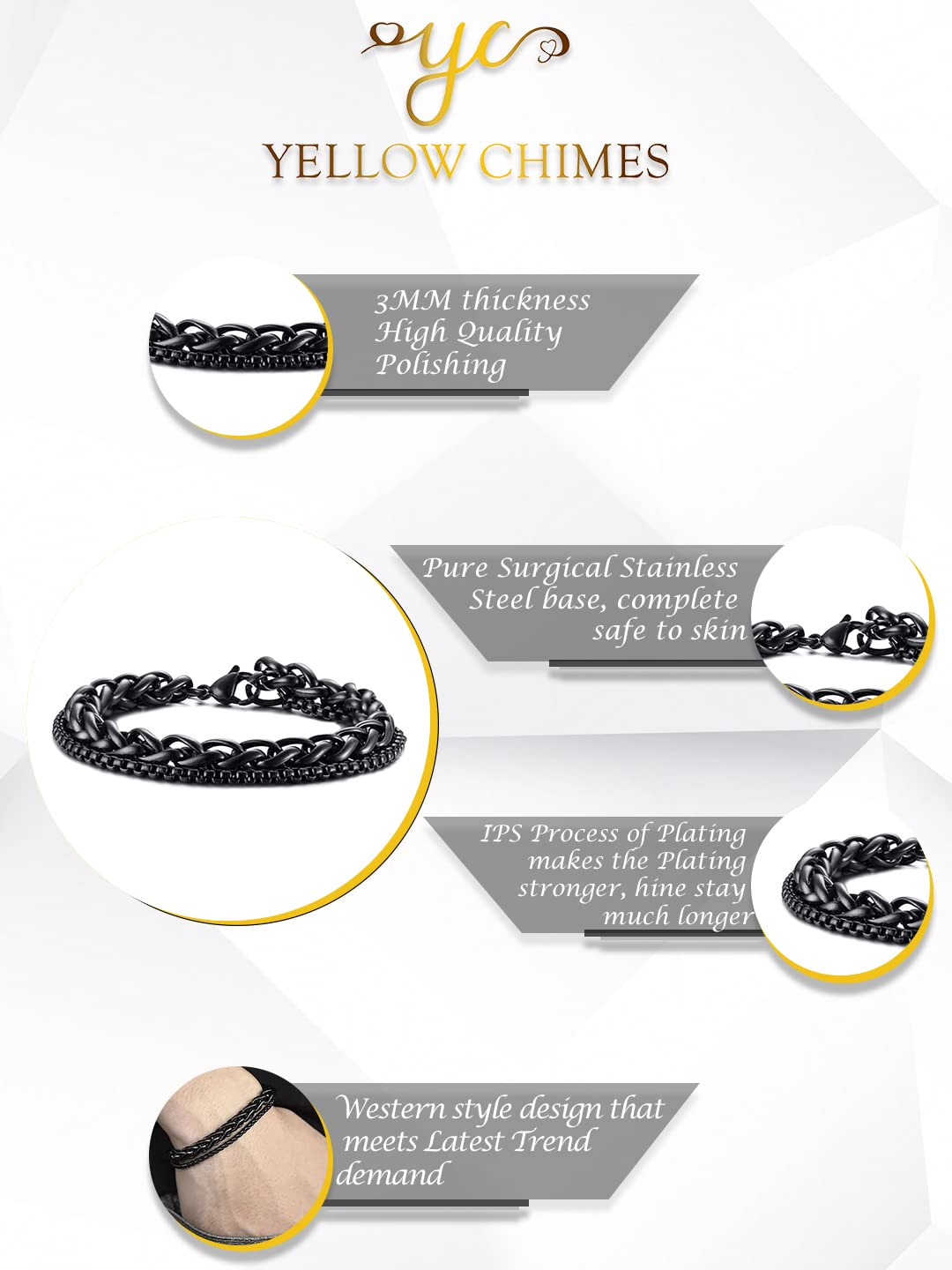 Yellow Chimes Bracelet for Men Stainless Steel Double Layer Figaro Black Chain Bracelet for Men and Boys