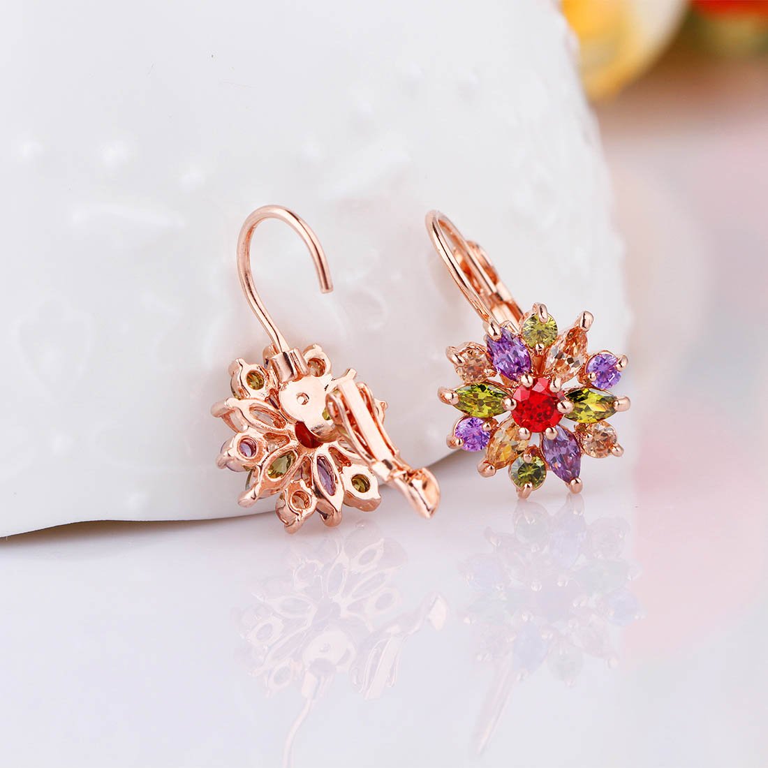 YELLOW CHIMES Flowers Beauty Swiss Cubic Zirconia 18K Rose Gold Plated Clip On Earrings for Women