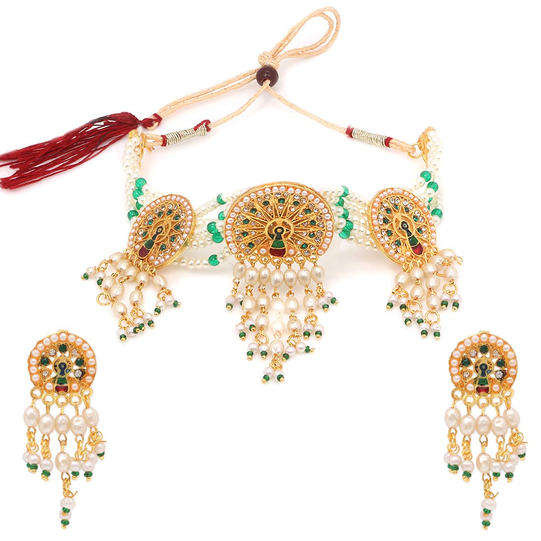 Yellow Chimes Ethnic Handcrafted Moti Multilayer Jewellery Set Gold Plated Traditional Peacock Choker Necklace Set for women & Girls (Green)