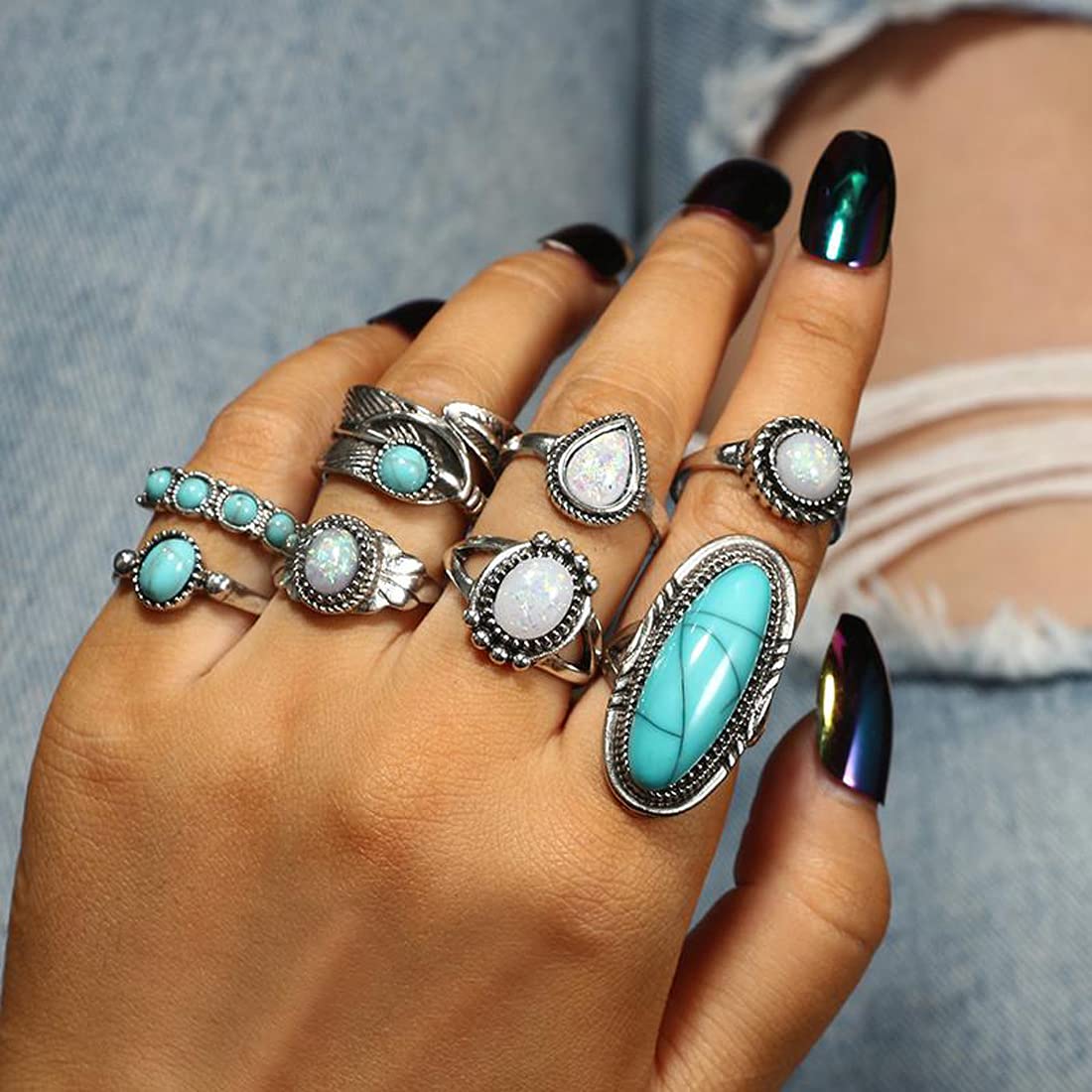 Yellow Chimes Rings for Women 8 Pcs Rings Set Turquoise Stone Vintage Style Midi Finger Silver Oxidised Knuckle Rings Set for Women and Girls.