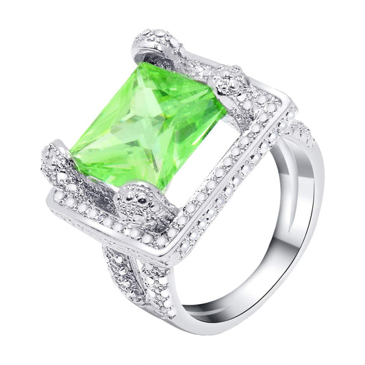 Yellow Chimes Rings for Women Silver Plated Natural Light Green Emerald Gemstones Square Shaped Crystal Rings for Women and Girl's (Size 8)