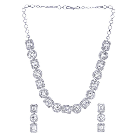 Yellow Chimes Traditional American Diamond Rhodium Rose Gold Plated AD Necklace Jewellery Set for Women