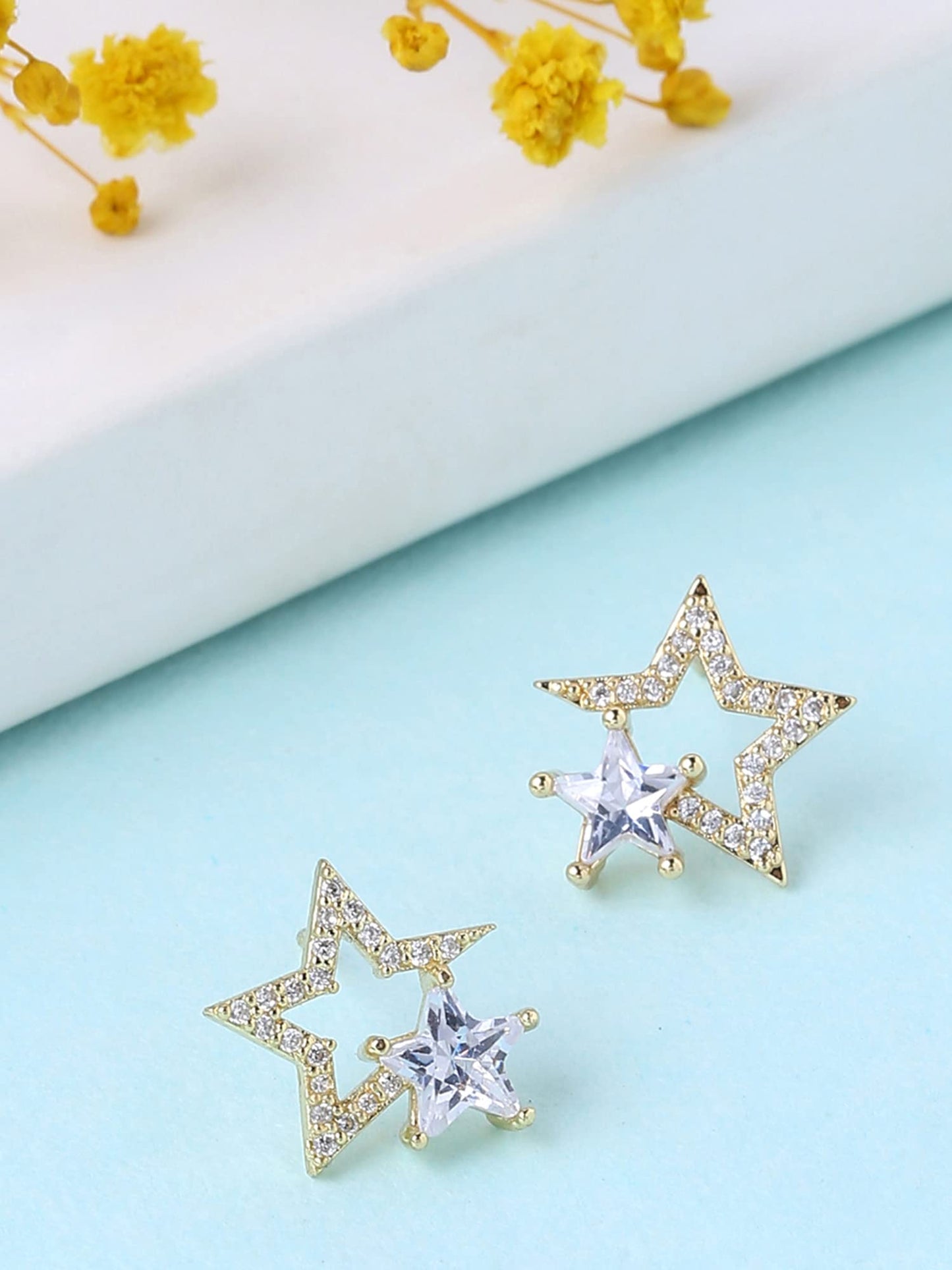 Yellow Chimes Earrings for Women and Girls Studs for Girls Gold Toned Crystal Studded Dual Star Shaped Stud Earrings | Birthday Gift for girls and women Anniversary Gift for Wife