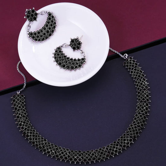 Yellow Chimes Ethnic German Silver Oxidised Black studded stones Choker Necklace Set Traditional Jewellery Set for Women and Girls, Medium (YCTJNS-56OXDRCK-BK)