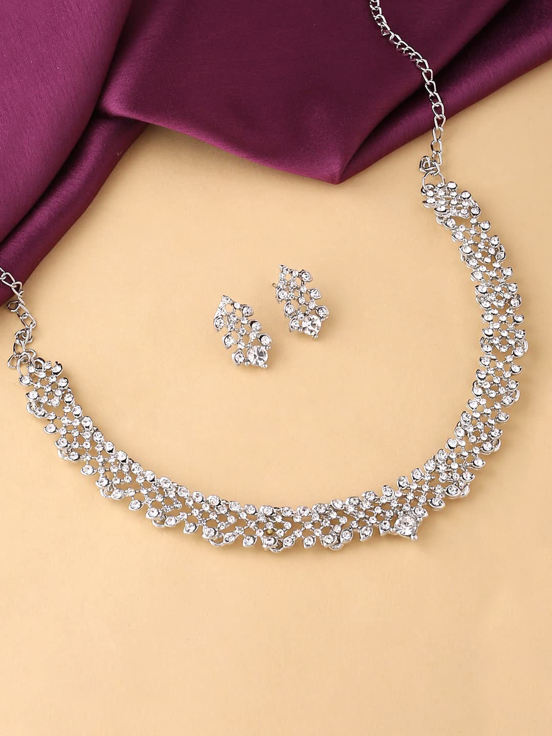 Yellow Chimes Crystal Jewellery Set for Women Silver-Plated White Crystal Studded Choker Necklace Set for Women and Girls