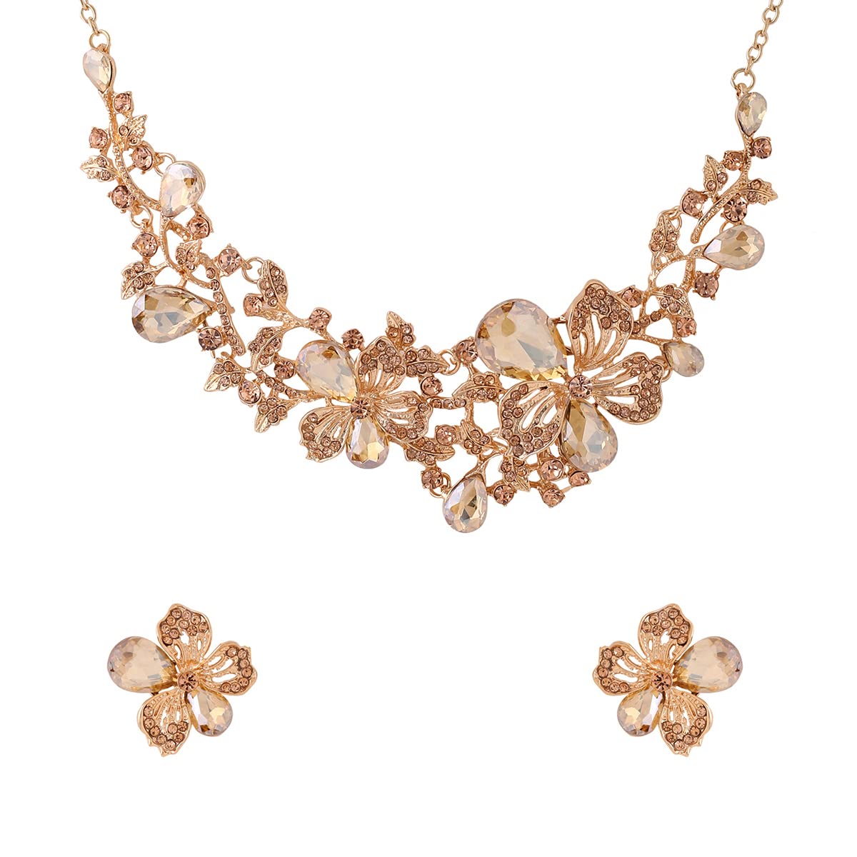 Yellow Chimes Jewellery Set For Women Rose Gold Plated Floral Designed Crystal Necklace Set For Women and Girls