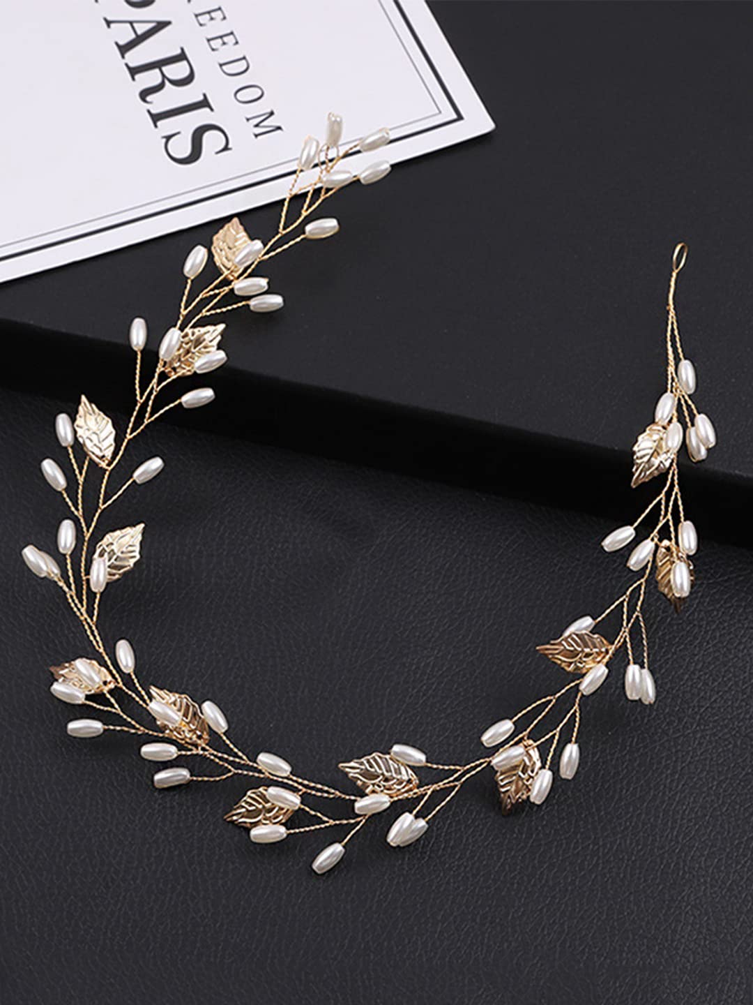 Yellow Chimes Bridal Hair Vine Bridal Golden Headband Leafy Pearl Bridal Wedding Head Band Hair Vine for Girls and Women