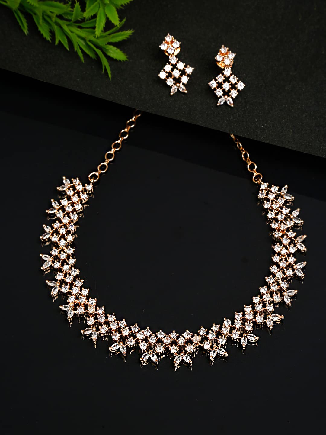 Yellow Chimes American Diamond Jewellery Set for Women Rosegold Plated High Grade Authentic White AD Jewellery Necklace Set for Women and Girls