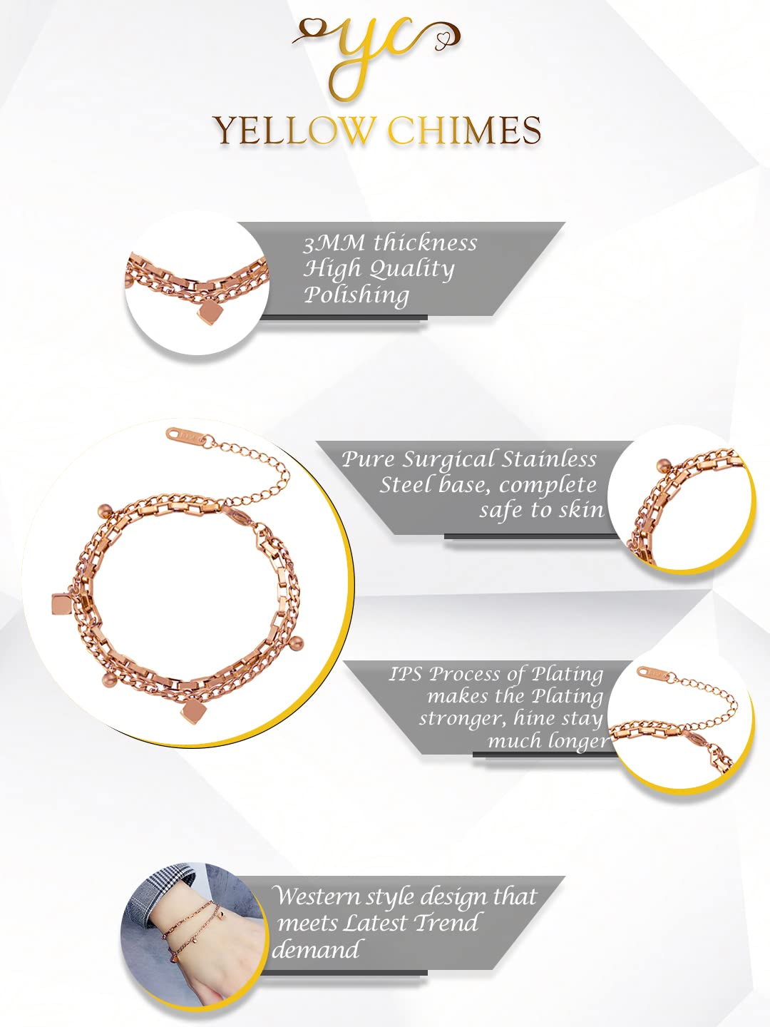 Yellow Chimes Chain Bracelet for Women Rose Gold-Plated Stainless Steel Layered Link Chain Bracelet For Women and Girls