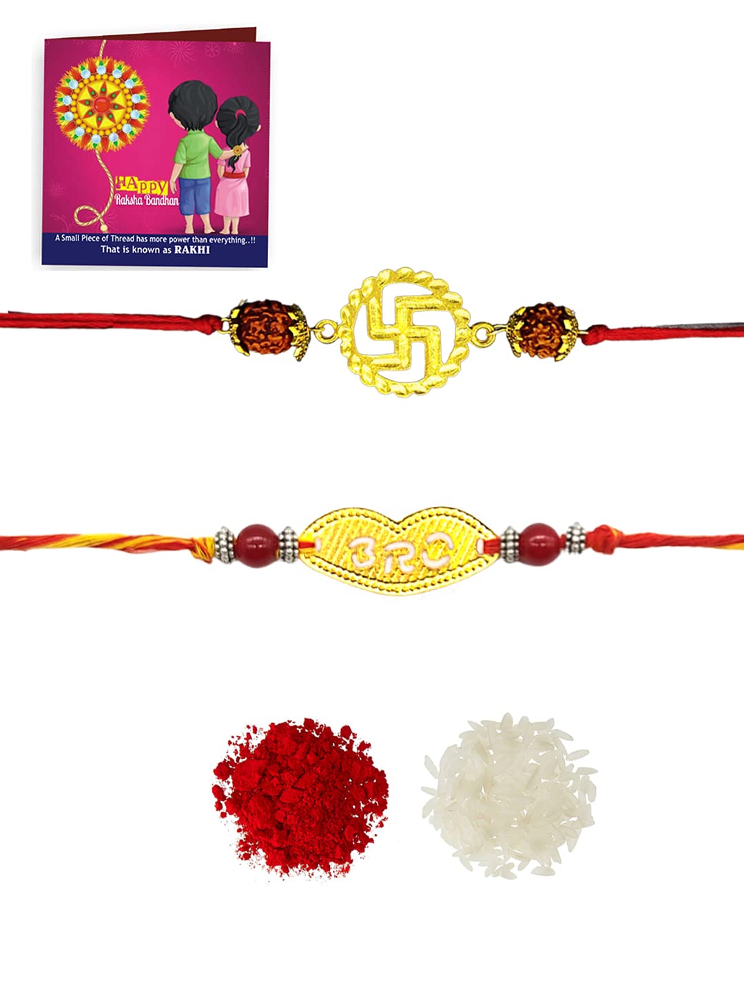 Yellow Chimes Set of 2 Pcs Handmade Dori Worked Gold Toned Swastik and BRO Engraved Design Rudraksh Rakhi for Brother with Roli & Chawal, Red, Gold, Medium (YCTJRK-12BHAY-GL) for Men