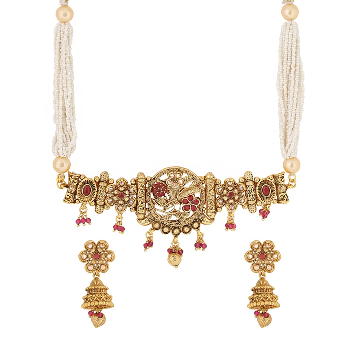 Yellow Chimes Jewellery Set for Women Gold Toned Red Pearl with White Beads Choker Necklace with Earrings for Women and Girls