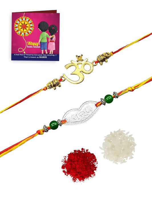 Yellow Chimes Set of 2 Pcs Handmade Dori Worked Silver Toned Swastik Design Rudraksh Rakhi for Brother with Roli & Chawal, Red, Silver, Medium (YCTJRK-04BHAY-SL)