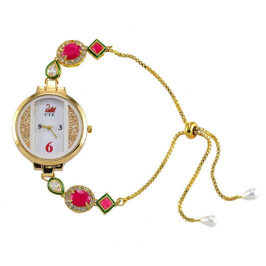 Yellow Chimes Watch Bracelet for Women Classic Kundan Gold Plated Traditional Dual Circle Shaped Adjustable Charm Bracelet for Women and Girls