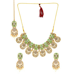 Yellow Chimes Traditional Jewellery Set for Women Kundan Green Beads Jewellery Set Ethnic Gold Plated Choker Necklace Set with Maang Tikka for Women and Girls.
