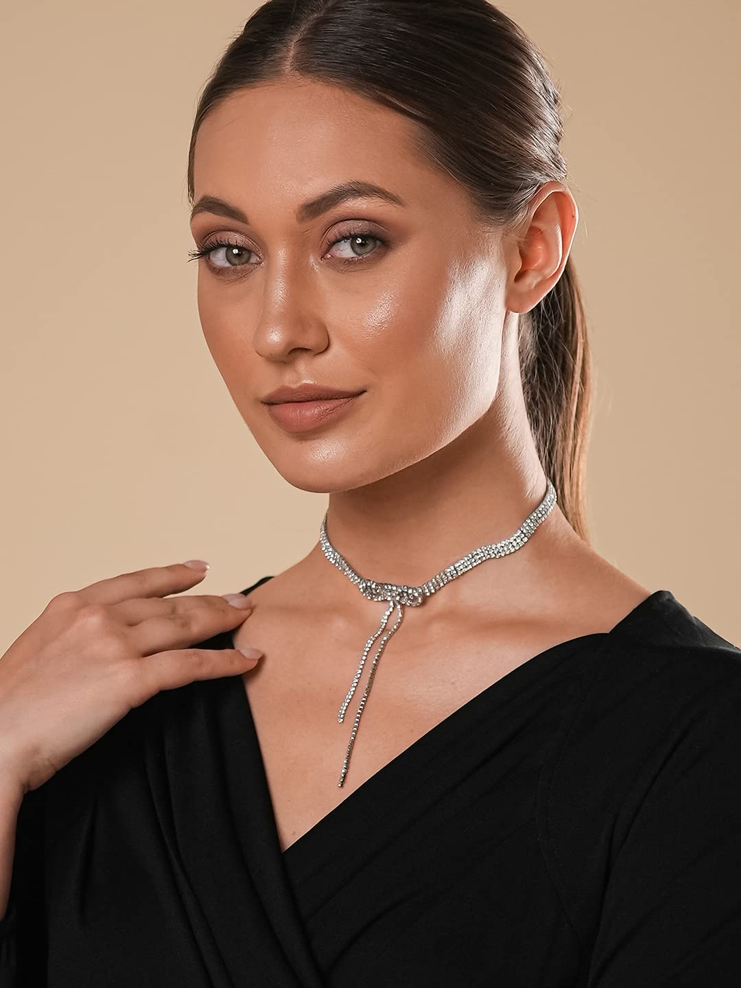 Yellow Chimes Necklace for Women and Girls Choker Necklace for Women | Silver Tone Bow Shaped White Crystal Choker Necklace for Girls | Birthday Gift for girls and women Anniversary Gift for Wife