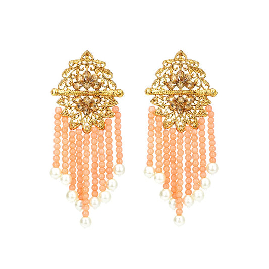 Yellow Chimes Ethnic Gold Plated Kundan Studded Peach Pearl Dangler Earrings for Women and Girls, Peach, Gold, Medium (YCTJER-82KUDHNG-PCH)