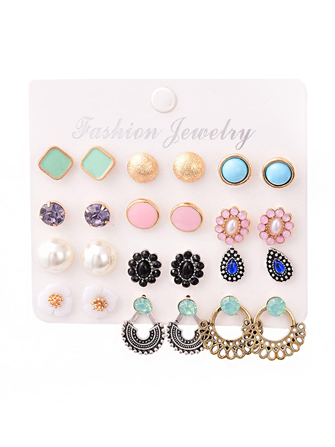 Yellow Chimes Stud Earrings for Women Set of 12 Pairs Multicolor Stones Colourful Combo Stud Earrings For Women and Girls