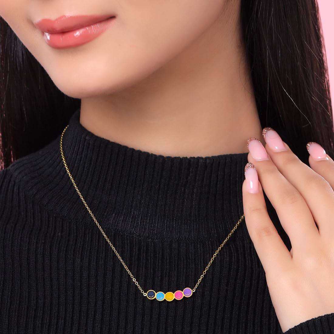 Yellow Chimes Necklace for Women and Girls Fashion Golden Necklace for Women Western | Stainless Steel Gold Plated Smiley Face Pendant Chain Necklace for Girls | Birthday Gift for Girls & Women