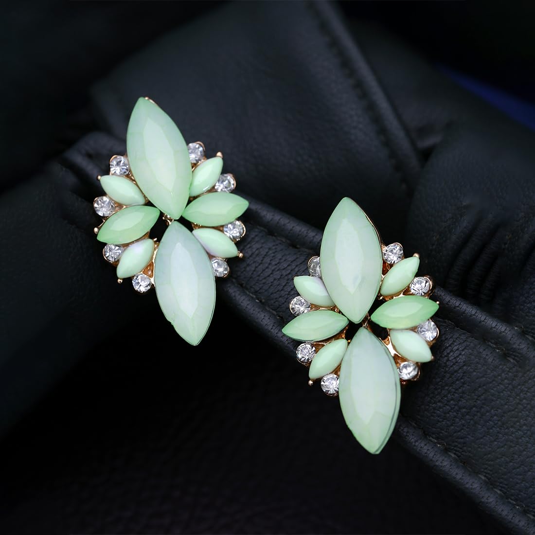 Kairangi Studded Crystal 18K Gold Plated Floral Green Stud Earrings for Women and Girls