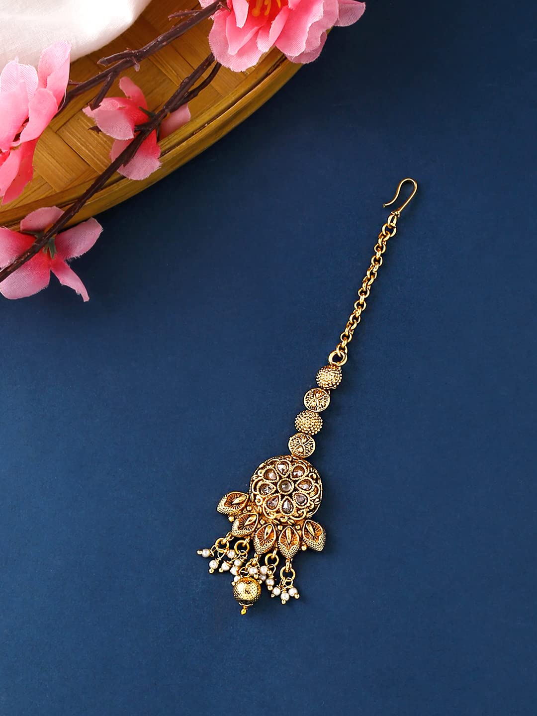 Yellow Chimes Manng Tikka for Women Gold Toned Crystal Studded Beads Drop Maang Tikka for Women and Girls