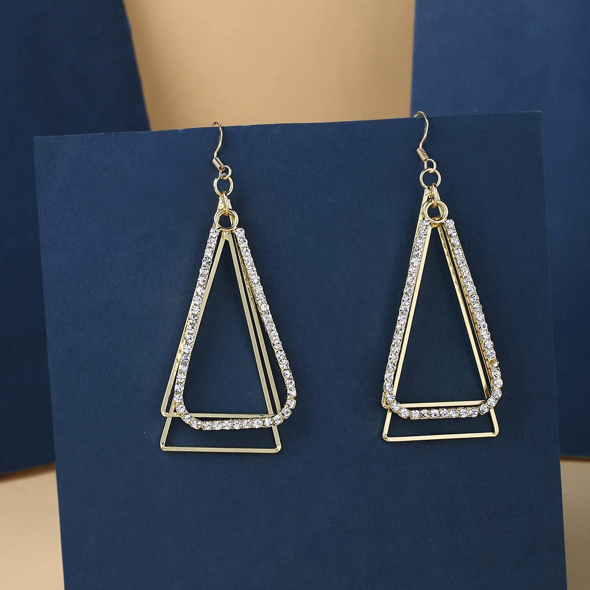 Yellow Chimes Earrings For Women Gold Tone Dual Triangle Crystal Studded Triangular Layered Drop Earrings For Women and Girls