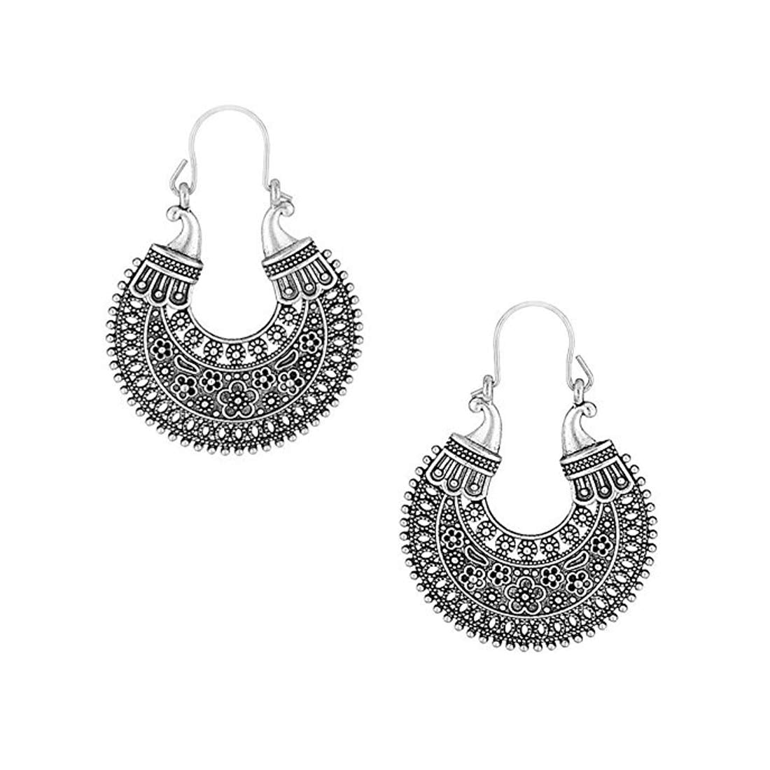 Yellow Chimes Peacock Carving Silver Chandbali Earring for Women & Girls