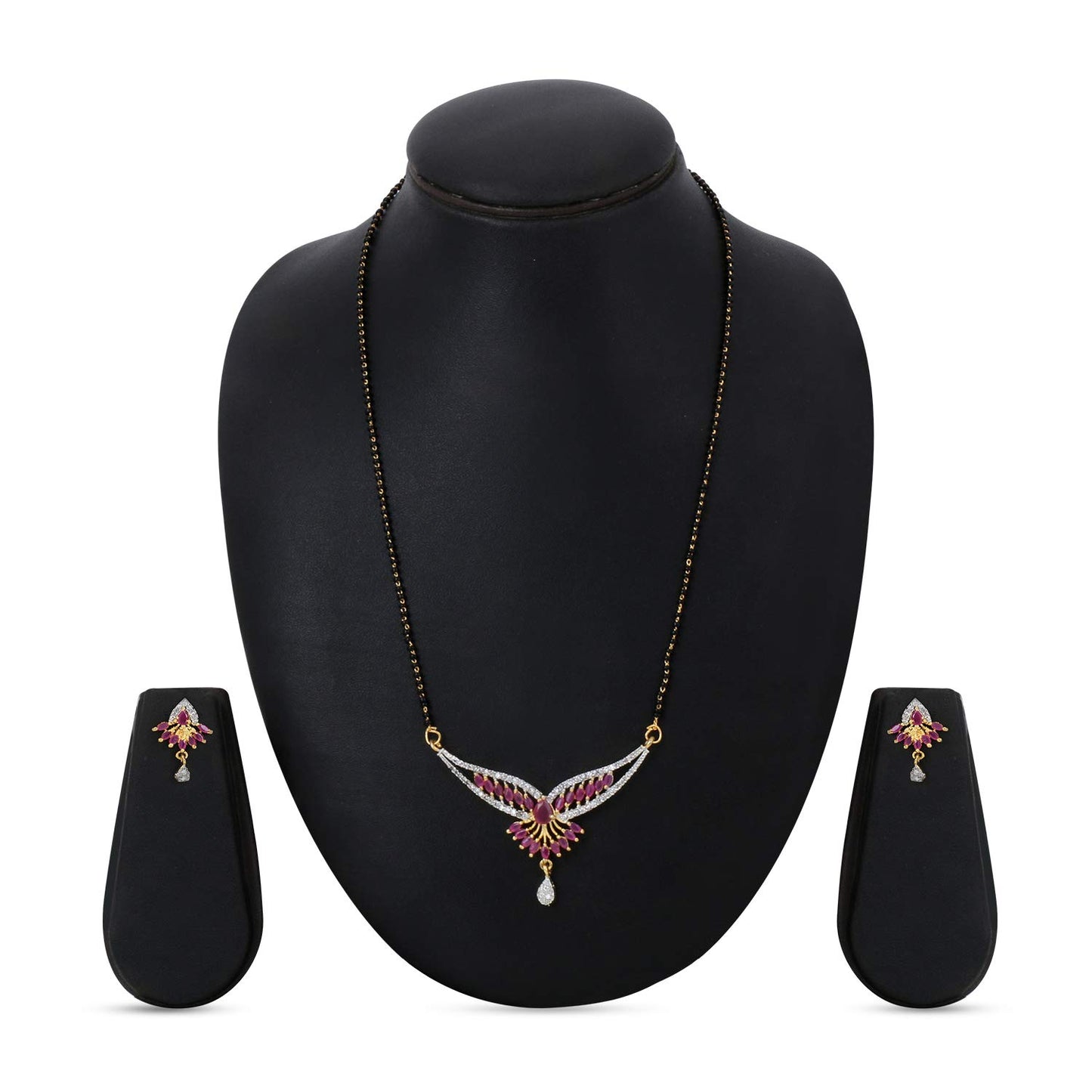 Yellow Chimes Classic Pink AD/American Diamond Studded Ethnic Black Beads Designer Mangalsutra Set with Earrings for Women