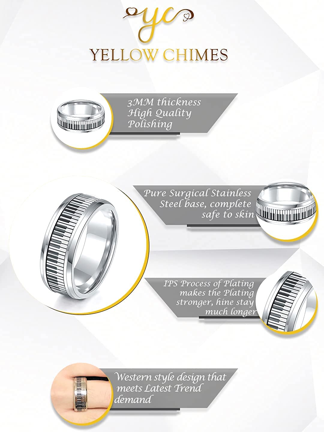 Yellow Chimes Silver Toned Ring For Men | Pack of 1 Stainless Steel Band Ring | Silver Piano Keyboard Finger Ring for Boys | Ideal Gift For Men and Boys