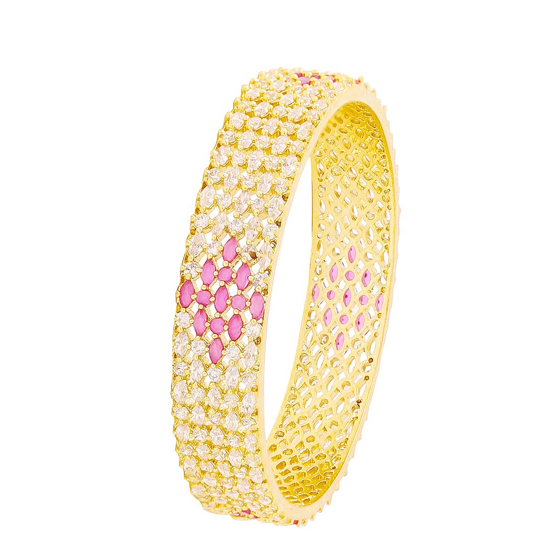 Yellow Chimes Classic Design Pink AD/American Diamond Studded 18k Gold Plated Handcrafted 1 PCs Broad Bangle for Women & Girls (2.6)