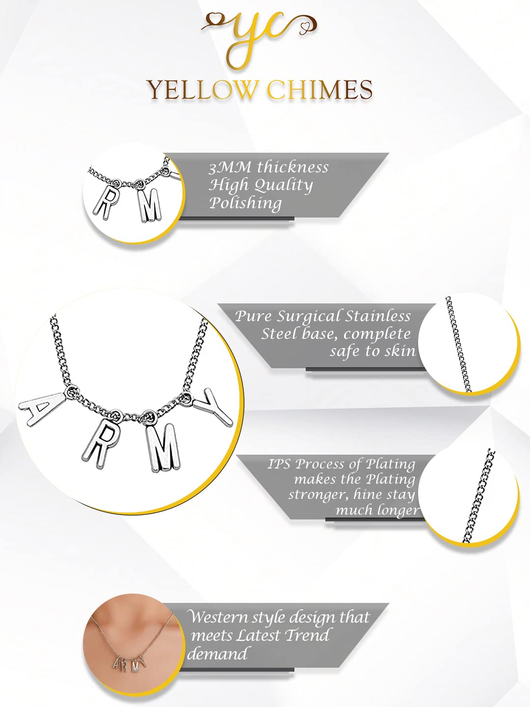 Yellow Chimes Chain Pendant Necklace for Unisex Silver Chain Necklace Stainless Steel ARMY Pendant Necklace for Girls and Boys.